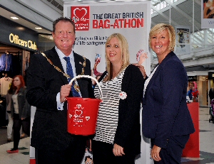Pictured with the Deputy Mayor Steve Foulkes and Deputy Mayoress Elaine Nolan, is British Heart Foundation Volunteer Diane Wright.