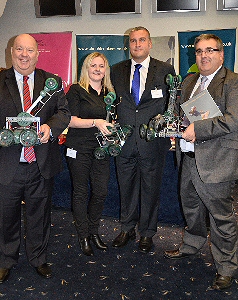 Left to right  Joe Anderson (Mayor of Liverpool and Chair of Liverpool City Region Cabinet), Michelle Dow (Mersey STEM), Brian Stone (Jaguar Land Rover) and Alan Seeley (Getrag Ford) with robots which are used in schools as part of Robot Challenge Day  this gives young people hands-on experience in manufacturing and engineering, in partnership with local employers including Jaguar Land Rover and Getrag Ford.