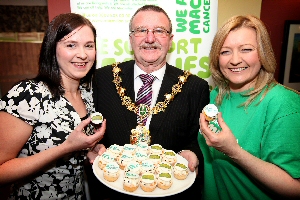  (l-r) Hotel manager Catherine Mealor, Lord Mayor of Wirral Councillor David Mitchell and Macmillan Fundraising Manager Lisa Wild take a bite to mark Pesto's partnership with Macmillan