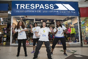 Manager Sarah Hastie of Trespass in Pyramids Shopping Centre supports her friend Kesiena with her sponsored zumbathon. Pictured: Sarah Hastie (front right) along with Rugaia Shakeshaft, Sharon Ovien and Kesiena Ovien.