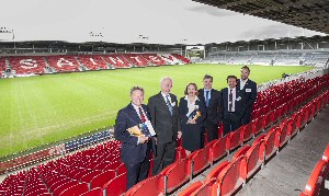 Clive Drinkwater UKTI North West Regional Director with guest speakers Eamonn McManus Chairman St Helens RL Club;  Jo Ahmed global employer services Deloitte; Alistair Poole MD NGF Europe; Steve Crane CEO Business Link Japan and Barry Leahey sales and marketing director Playdale Playgrounds 