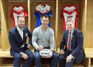 UKTI Winning Business in Japan and Korea held at Langtree Park Stadium St. Helens Saints legend and former GB RL captain Paul Sculthorpe with Clive Drinkwater UKTI NW Regional Director right and Barry Leahey Sales and Marketing Director of Playdale Playgrounds.