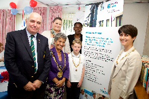 Left to right: Riversides Housing Advice Worker and veteran John Kelso, Riversides Regional Manager, Maureen Pringle, The Lord Mayor Cllr Erica Kemp, Beacon Support Worker Amy Marriner, the Junior Lord Mayor, and Lady Mayoress, Rachel Plant.