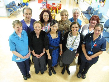 Picture shows members of the childrens diabetes team at Ormskirk hospital (left to right at back) Dr Jamal Farooqi, Staff Grade Paediatrician in Paediatric Diabetes; Lynne Finnigan, Paediatric Diabetes Nurse Specialist; Ayesha Mehr, Paediatric Diabetes Dietitian; Zena Haslam, Paediatric Research Nurse; and, Linda Connellan (Paediatric Diabetes Nurse Specialist). Second row: Moira Morrison, Paediatric Research Nurse; Judy Kirkham, Paediatric Diabetes Administrator; Dr May Ng, Consultant Paediatric Endocrinologist; Dr Astha Soni, Paediatric Diabetes Registrar; and Michelle Dodd Paediatric Diabetes Ward Link Nurse