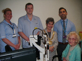 EYE TEAM: Sandra Taylor, lead research nurse, Martin Hodson, ophthalmic image technician, the Lord Mayor of Liverpool, Sajjad Ahmad with Margaret Lunt.