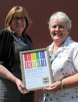 Picture shows Audrey Cushion, Deputy Director of HR, and Lin Douglas, Equalities lead, with the Trusts Navajo charter mark certificate.