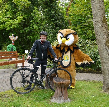 Barnstondale's mascot, Barnie Owl, is cheering Simon and his friends on, ahead of their cycle on Saturday (30 May)