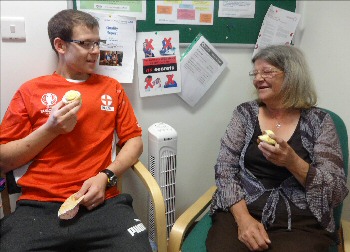 Darren James-Hughes welcomes his mum Sandra to Greenways Unit for Carers Week.